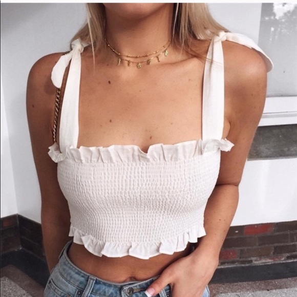 ‘Kendall’ white shirred crop top with shoulder tie - Picture 4 of 5